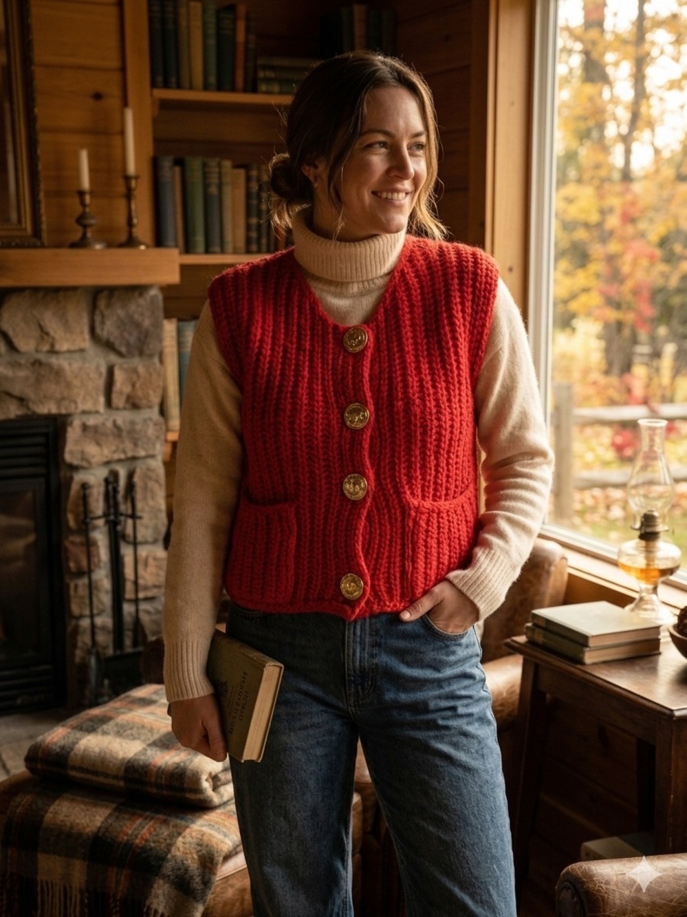 Chunky Red Cable-Knit Buttoned V-Neck Sweater Vest - Women's